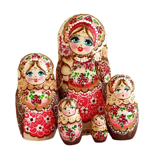 Brown, Pink toy Russian dolls pink 5 pieces - Russian crafts T2104042