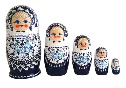 Blue, White toy Russian doll 5 pieces –  white blue T2204019